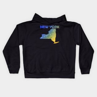 Colorful mandala art map of New York with text in blue and yellow Kids Hoodie